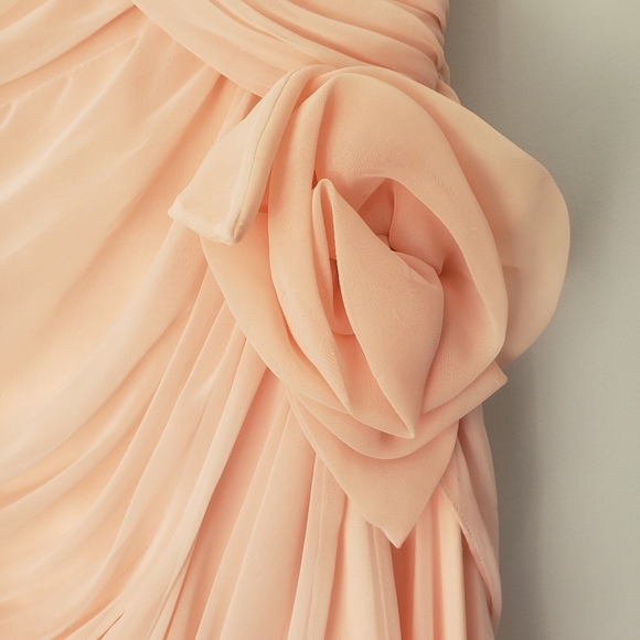Vintage 80s Pink Pleated Ruched Formal High Low Midi Dress with Rose Detail - Picture 13 of 16